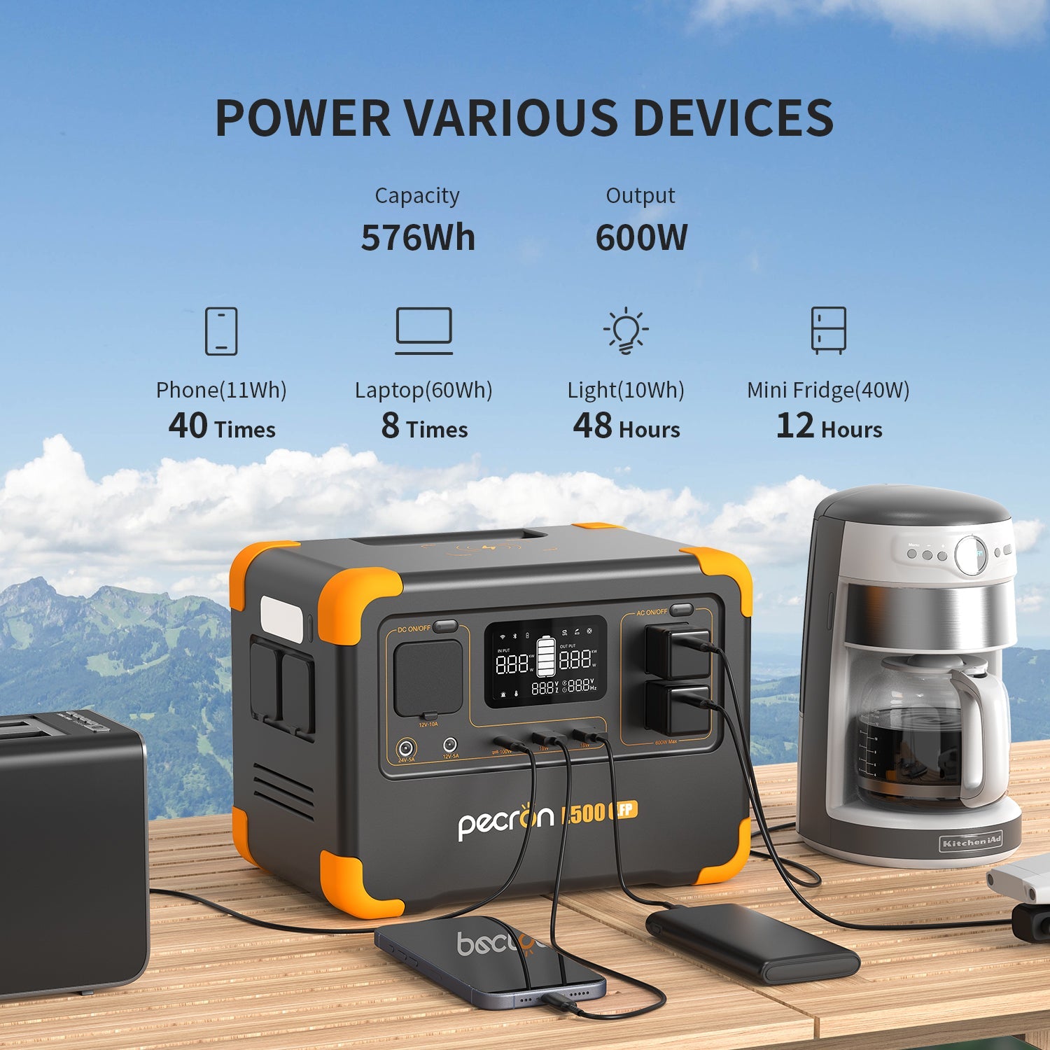 PECRON E500LFP 600W Portable Power Station 576Wh LiFePO4 Battery for Outdoor Adventures