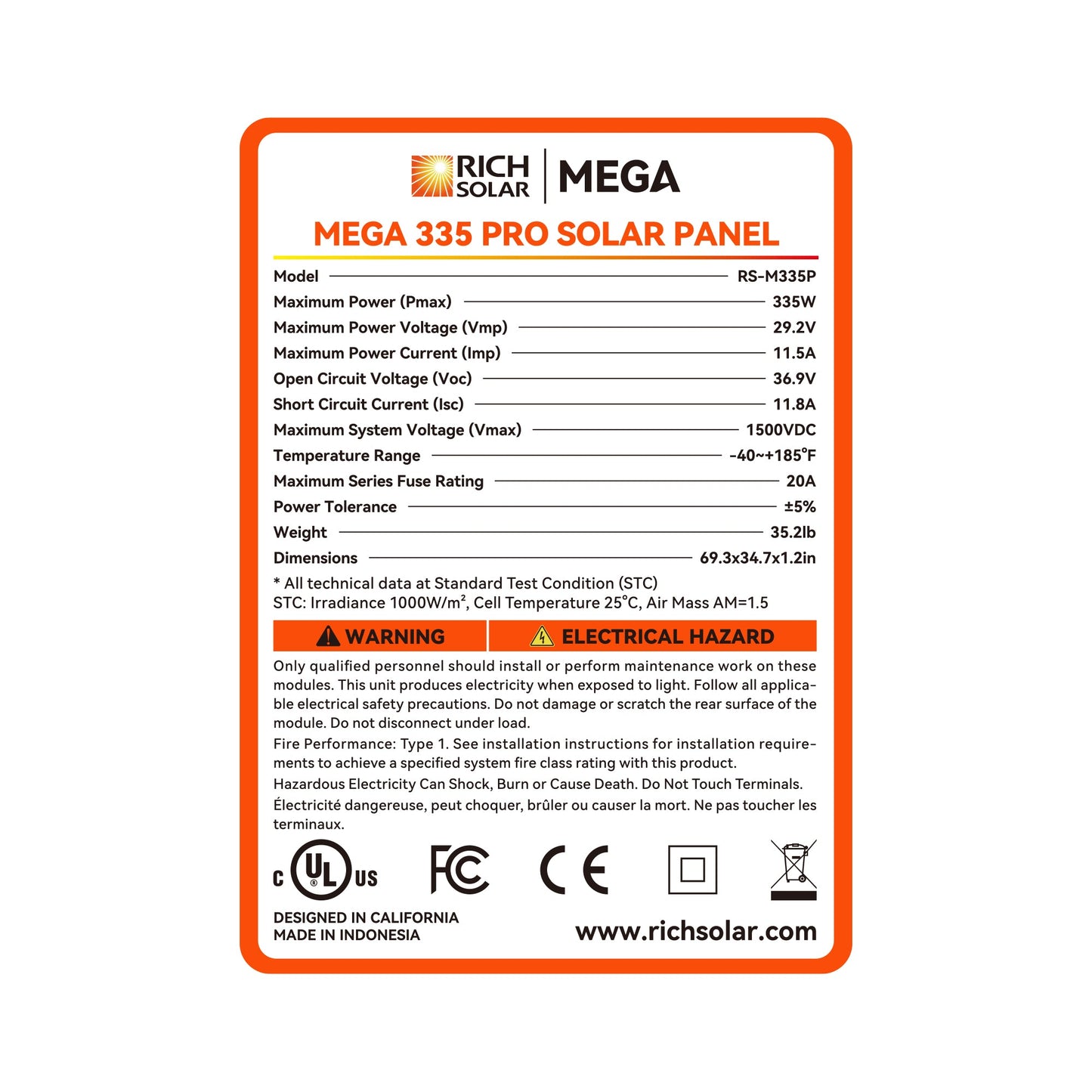 MEGA 335 PRO 335W Solar Panel: UL Certified, 25-Year Output Warranty
