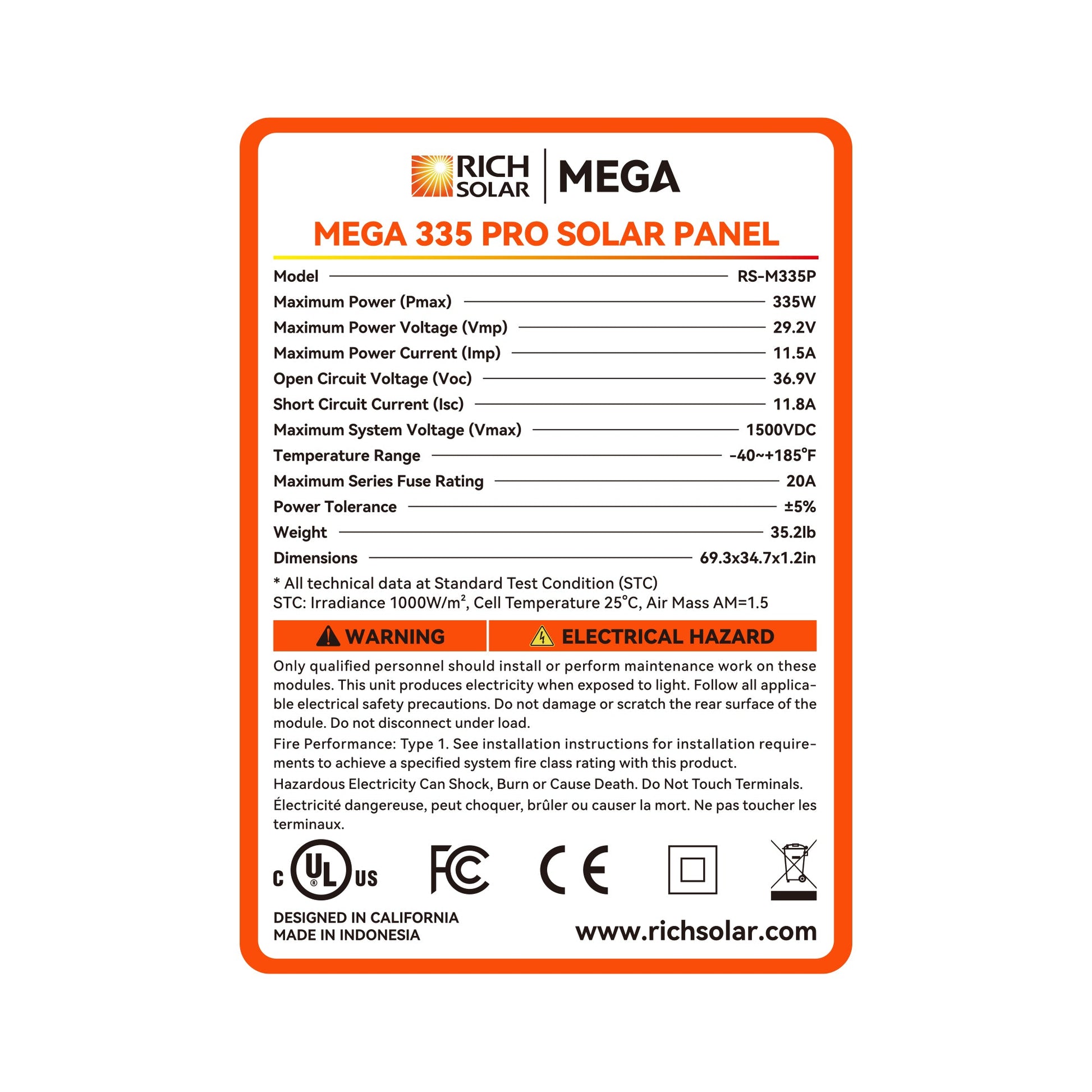 MEGA 335 PRO 335W Solar Panel: UL Certified, 25-Year Output Warranty