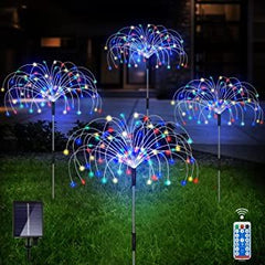 120 LED Outdoor Solar Garden Lights - 4 Pack Waterproof Copper Wire Fireworks Lamps with Remote Control